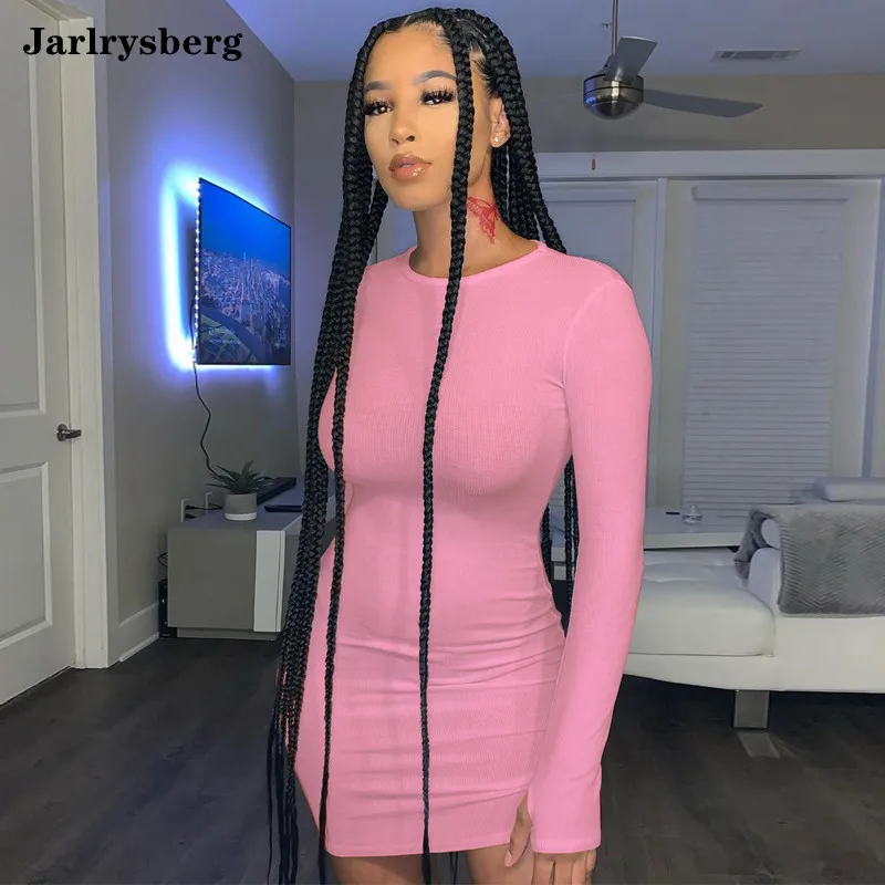 

Jarlrysberg Long Sleeve Ribbed Bodycon Women Party Dresses Autumn Winter 2021 Elegant Solid Mini Dress For O-Neck Sexy Female