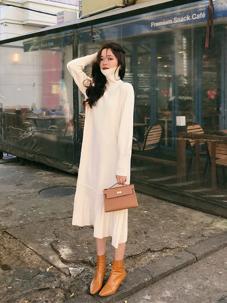 

Long-sleeved Dress Autumn Winter Turtleneck All-match Sweater Women's Long Over-the-knee Knitted Dress Elegant Women's Sweater