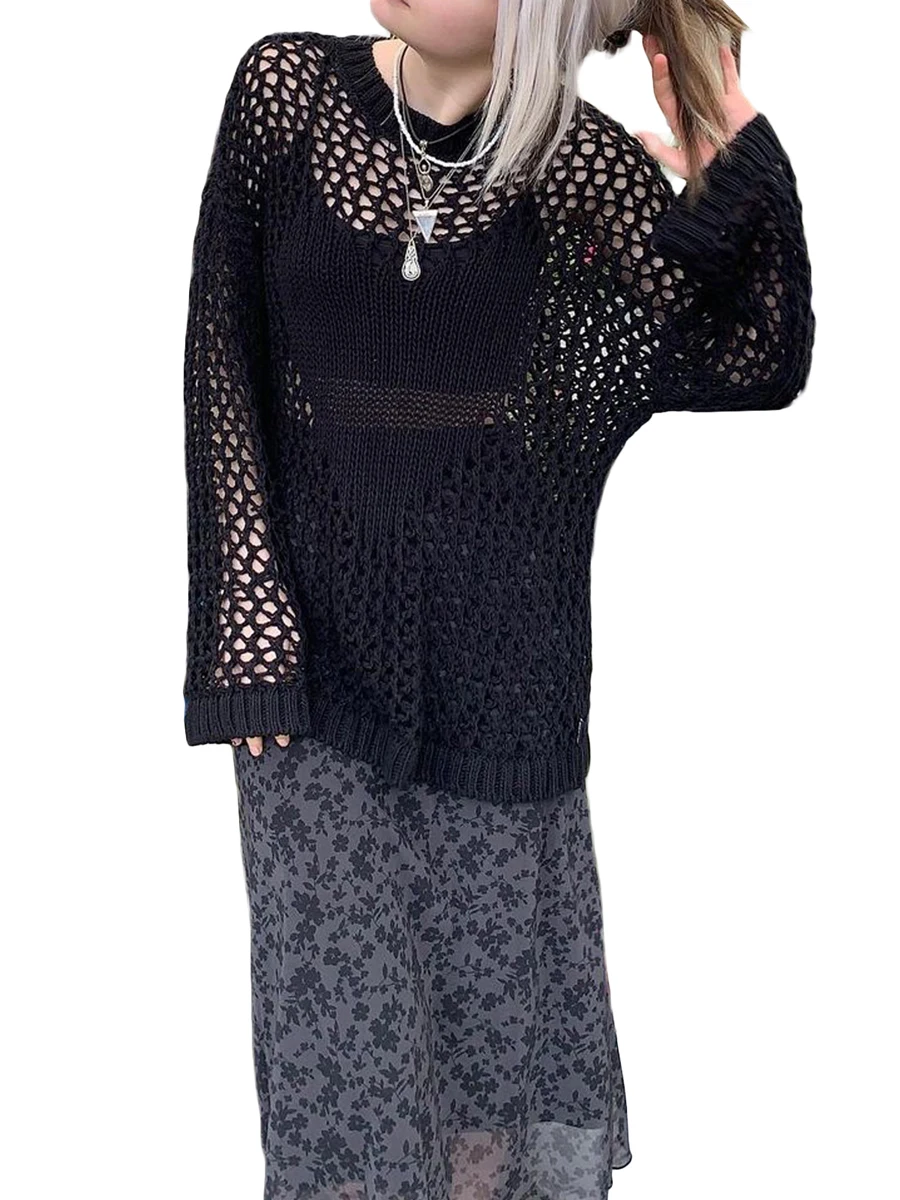 

Lchiji Women Mesh Crochet Long Sleeve Top Hollow Out See Through Bikini Beachwear Cover Ups(Black M)