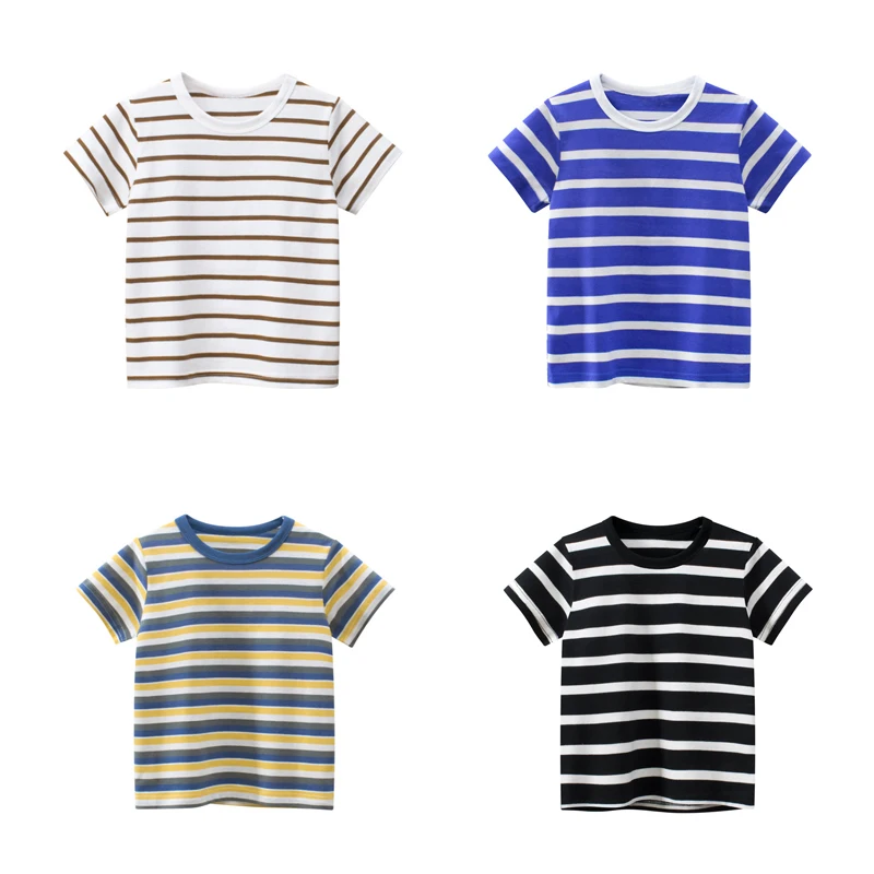 

27kids Summer Boy's T-shirt Short Sleeve Knitting Stripes Baby Bottoming Casual Cotton Sport Children Top Clothing 2 5 6 7 9y