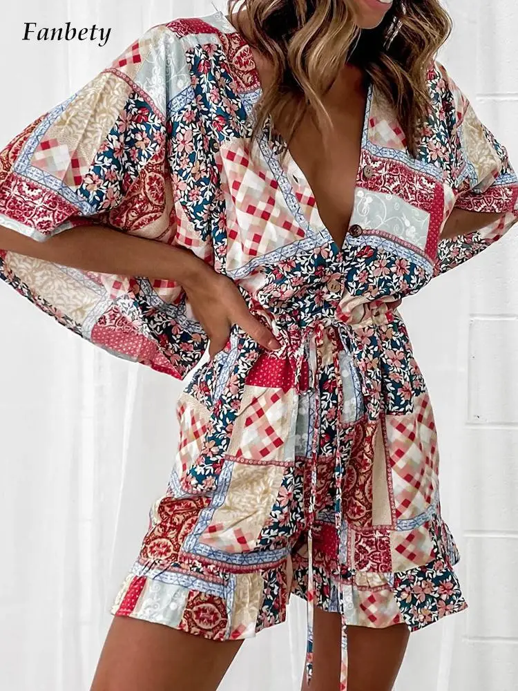 

Women Sexy V Neck Button Loose Jumpsuit 2022 Elegant Print Ruffle Short Sleeve Playsuits Summer Casual Drawstring Lace-up Romper