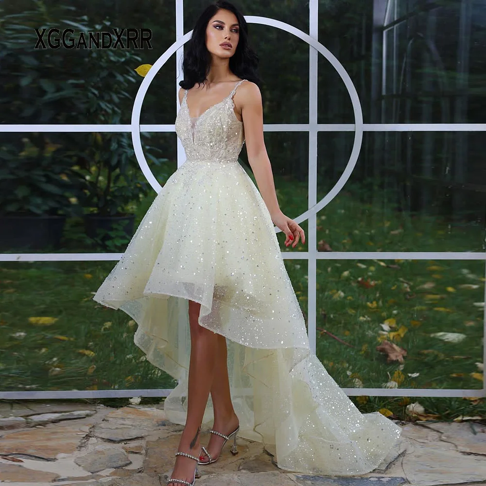 

Light Yellow High Low Prom Dress 2022 Spaghetti Graduation Party Gown Sparkling Fabric Woman Birthday Party Holiday Gift Pageant