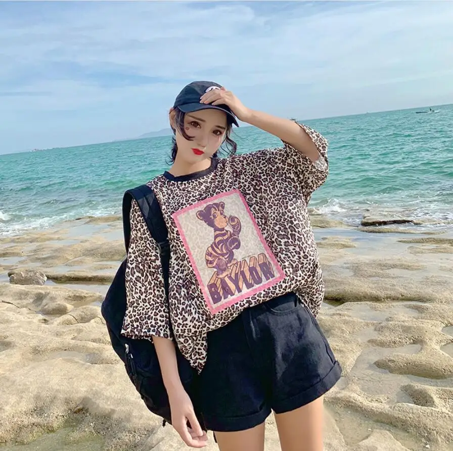 

ZNG 2019 New Summer Leopard Print LadiesCotton T Shirts Femme Short sleeve Creative Tee Tops Women O-Neck Loose T shirts