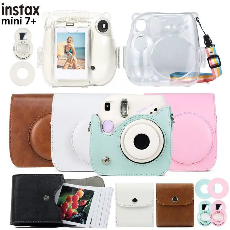Fujifilm Instax Mini 7 + аксессуары для камеры с мгновенной пленкой-сумка для переноски из искусственной кожи прозрачная чехол наплечным ремнем и объективом для селфи