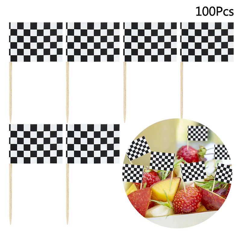 

100pcs Racing Flag Toothpicks Checkered Flag Fruit Sticks Fruit Salad Snack Fork Cocktail Decor Cake Buffet Picks Party Supplies