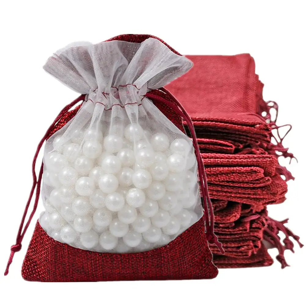

12pcs Drawstring Burlap Bags Transparent Mesh Window Gift Bags Party Wedding Diy Craft for Packing Jewelry Cosmetics Gifts Candy
