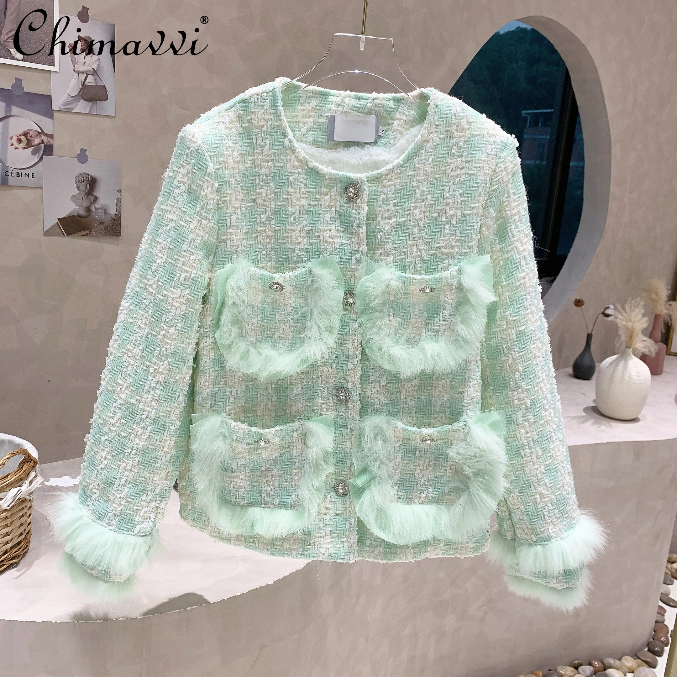 

Winter French Fashion Elegant Classic Style Light Luxury Coat Women's Simple Mink Fur Stitching Single-Breasted Woolen Jacket