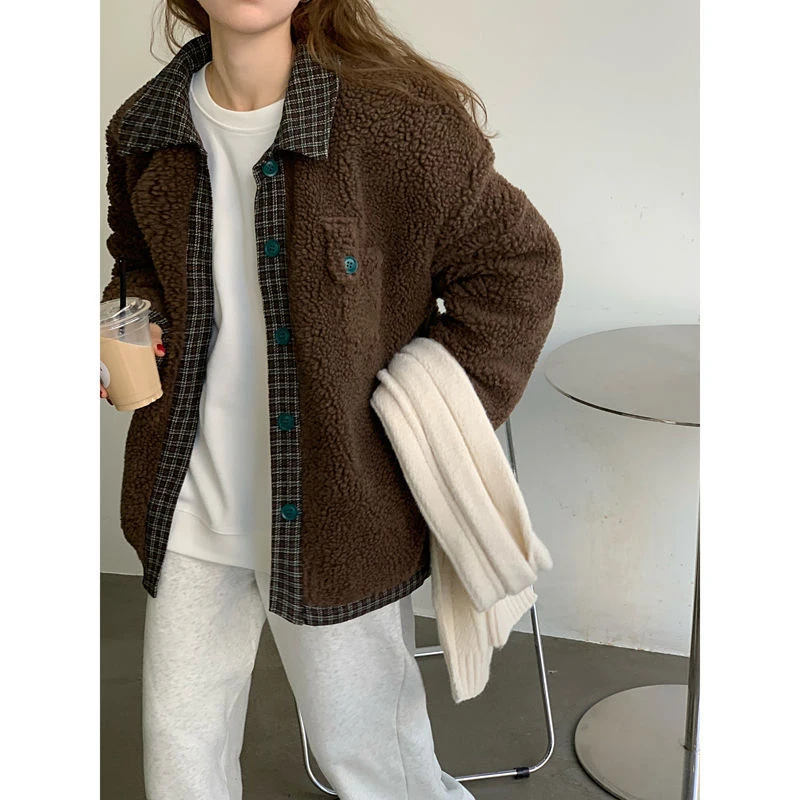 Vintage Stitching Lamb Fur Women's Coat Loose Fashion Thick Warm Women Cotton Padded Clothes Casual Ladies Winter Outerwear 2022