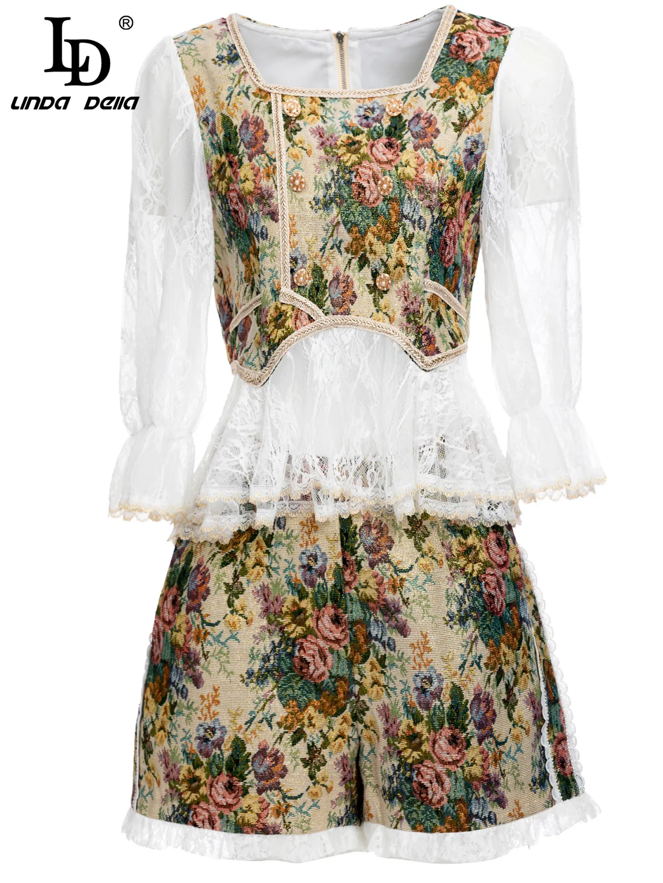 

LD LINDA DELLA летний подиумный винтажный костюм женский кружевной топ с расклешенными рукавами и цветочным рисунком + жаккардовые шорты с высоко...