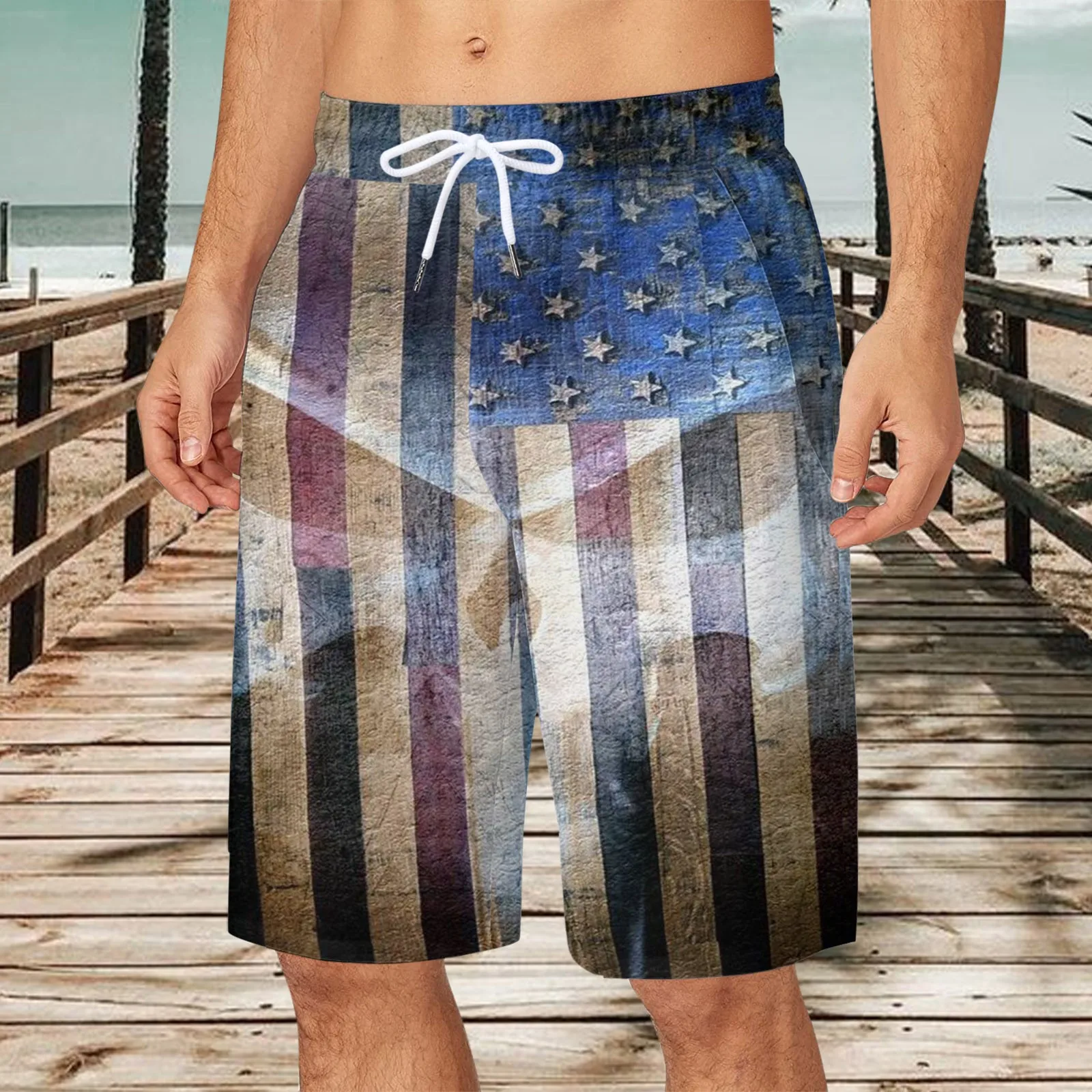 

Mens Summer Independence Day Plus Size Pants Pocket Drawstring Loose Casual Sports Running Mens Swimming Trunks with Pockets