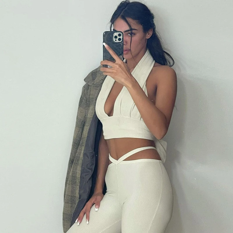 White Pants Sexy Women 2021 Summer Fitness Matching Sets Crop Tops + Leggings Jogging Sportswear Workout Outfits Pantalon Femme