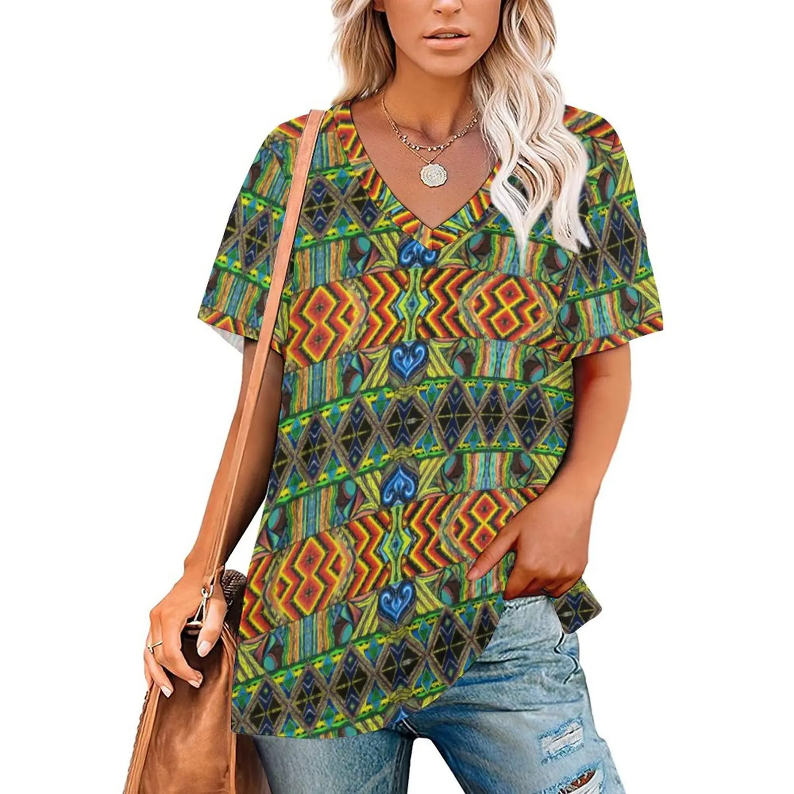 

Tribal Print T-Shirts African Style Street Style V Neck T-Shirt Short-Sleeve Trendy Oversized Tees Summer Custom Tops Gift Idea