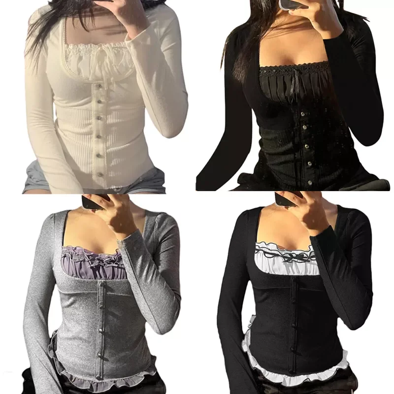 

Korean Cute Y2K Retro Cotton Tops Lace Patchwork Buttons Kawaii Tshirts Autumn Square Collar Chic Casual Shirts