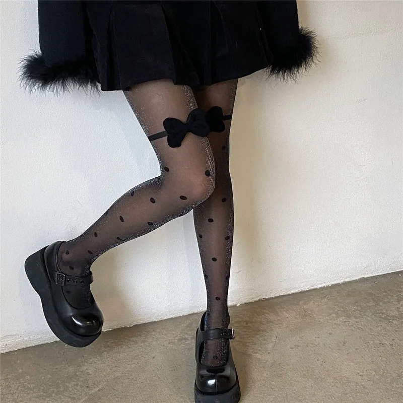 

New Lolita Girls Kawaii Cute Bowknot Tights Women Japanese Style Polka Dot Pantyhose Stockings Seamless Summer Nylon Black Tight