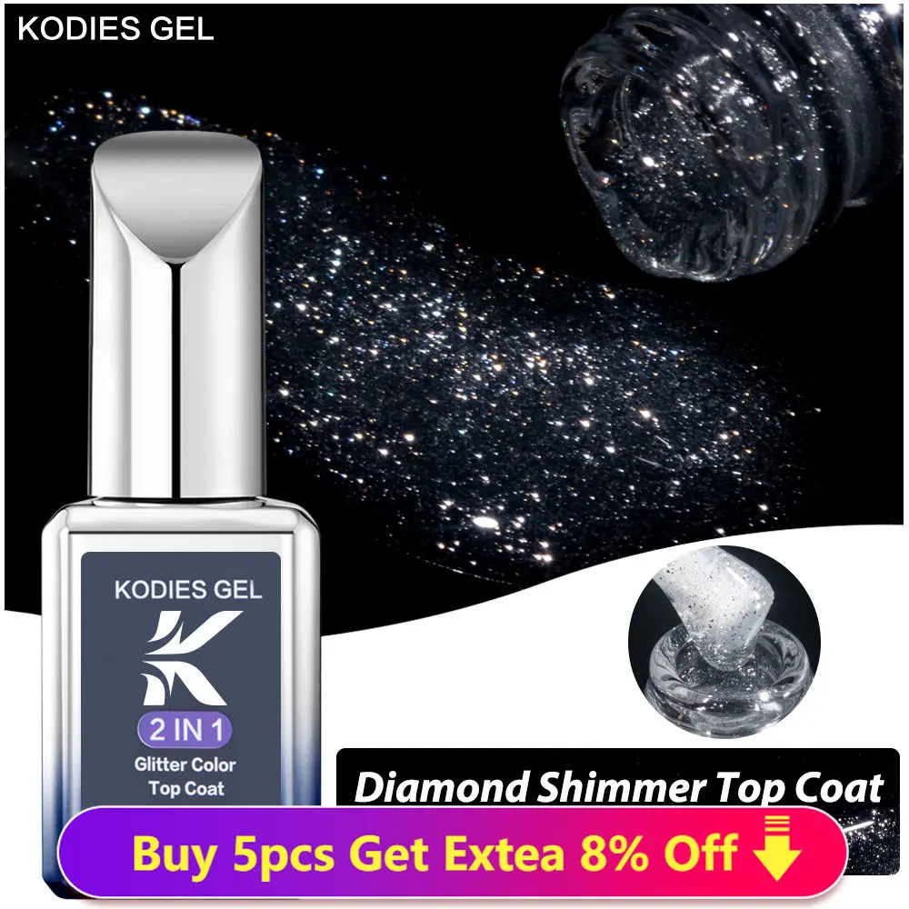 

KODIES GEL Shimmer Diamond Top Coat Gel Nail Polish 15ML Semi Permanent UV Enhancer Glitter Sparkle Tempered Topcoat No Wipe Gel