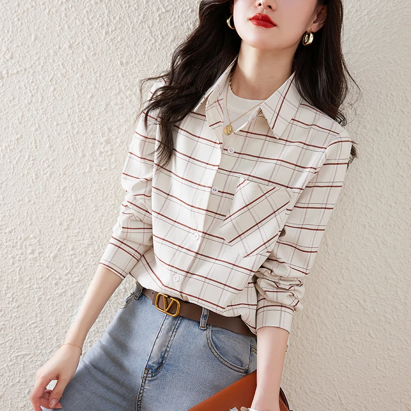 

Осенне-зимняя длинная рубашка в клетку, женская блузка, топы с длинным рукавом, повседневные Свободные корейские модные женские Рабочие Рубашки, женская одежда