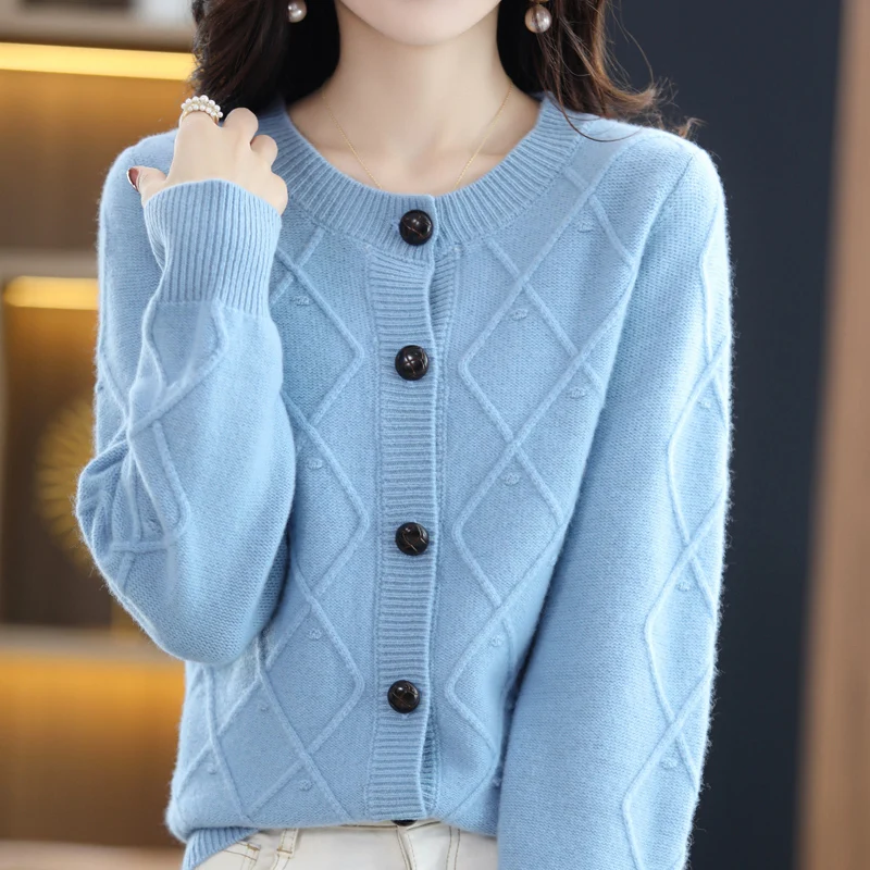 22 autumn and winter new 100% pure wool high-end cardigan coat round neck sweater loose knitted sweater top