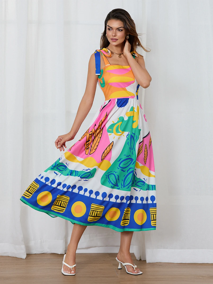 Женское летнее платье в богемном стиле без рукавов с завязками на плечах и