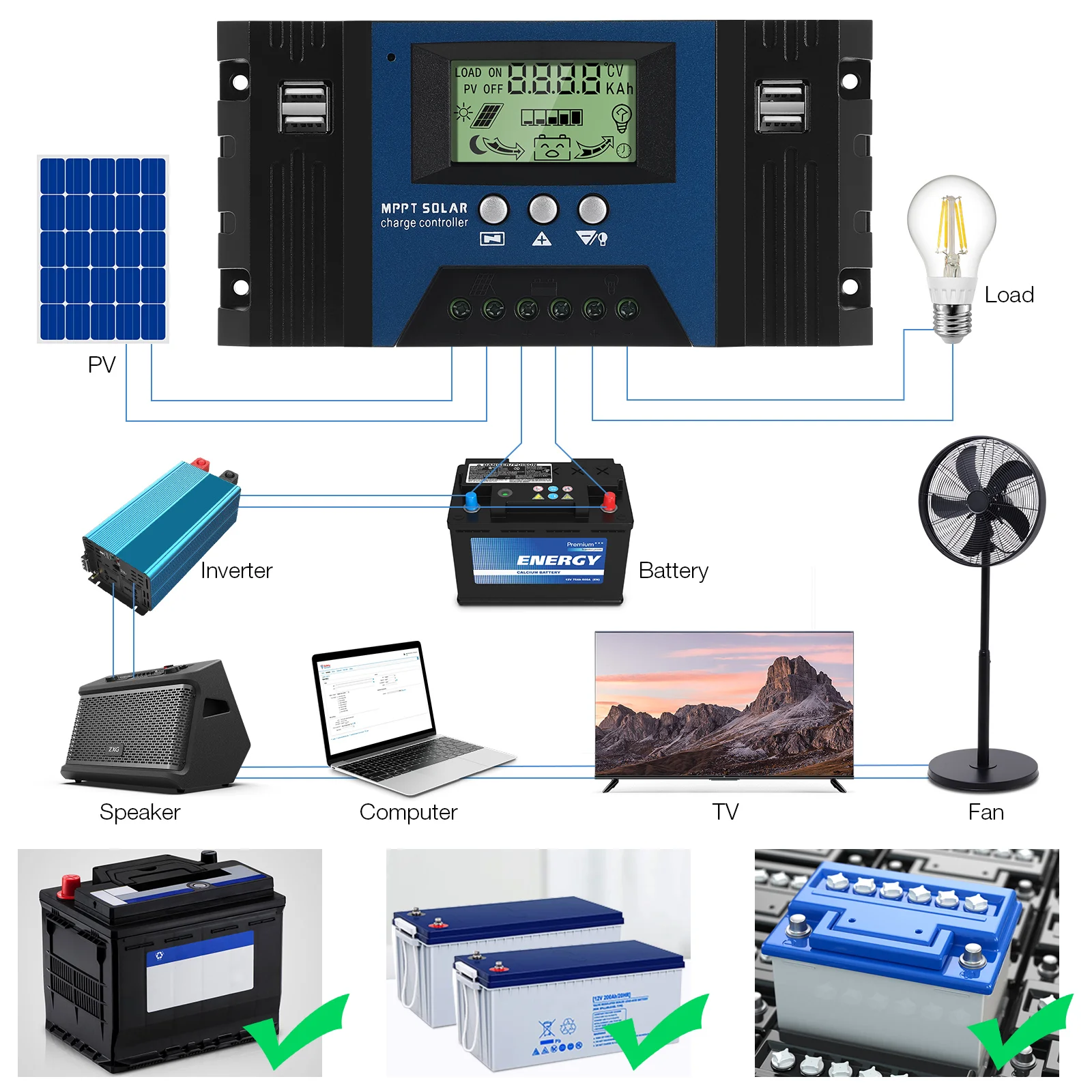

1 Pc Lcd Screen High Efficiency Multiple Protections Solar Panel Controller Solar Charge Controller