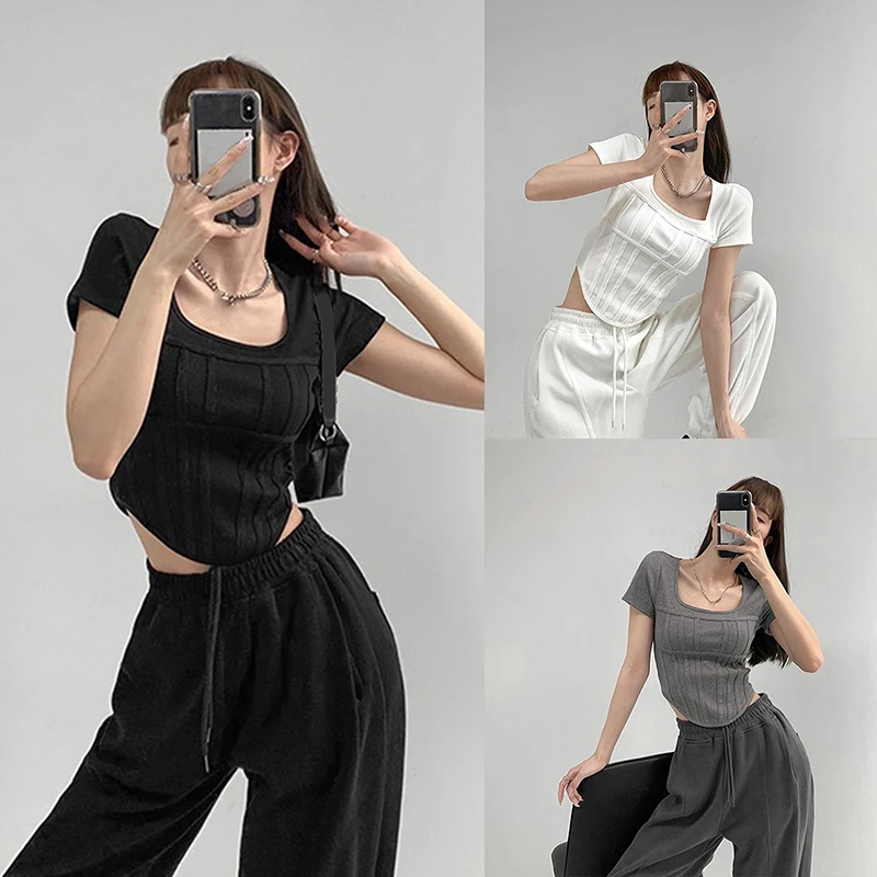 

Summer New Bright Line White T-shirt Women Fashion Slim Square Neck Short Sleeve Cropped Tops Female