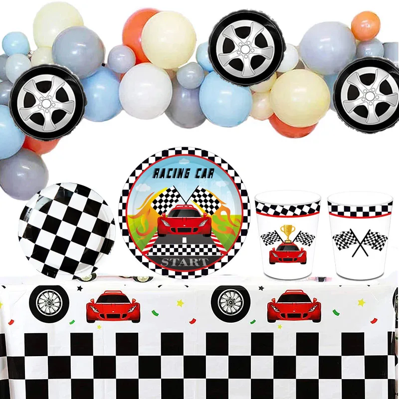 

Black And White Check Tableware Competition Car Tablecloth Flag Banner Racing Balloons For Boy Kids Birthday Party Supplie