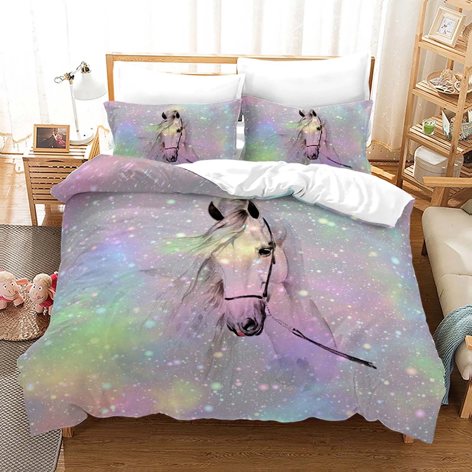 

Cute White Horse Bedding Set Quilt Cover Home Bedroom Decor King Size Girl Duvet Cover Set Pillowcase Bedding Set