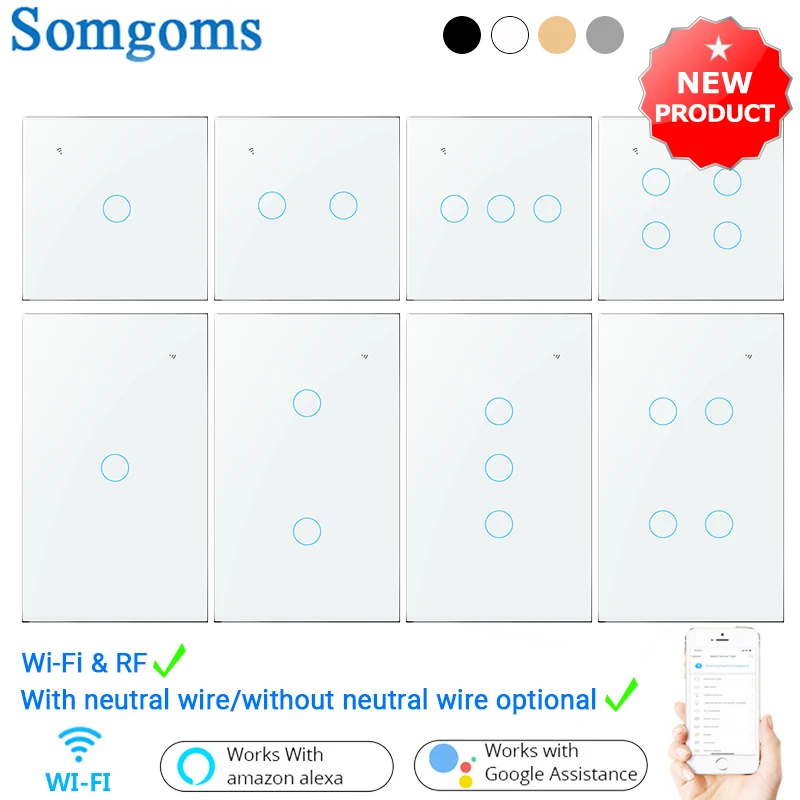 

Somgoms Wifi Touch Switch No Neutral Wire Required Smart Home Control Support Alexa Google Alice Tuya App 433RF Remote US EU
