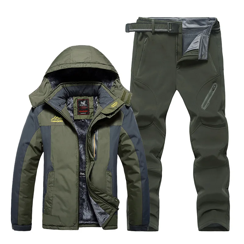 Mountaineering Suit Jacket and Pants Suit Winter Fleece Thickening Outdoor Jacket and Pants Suit Men's