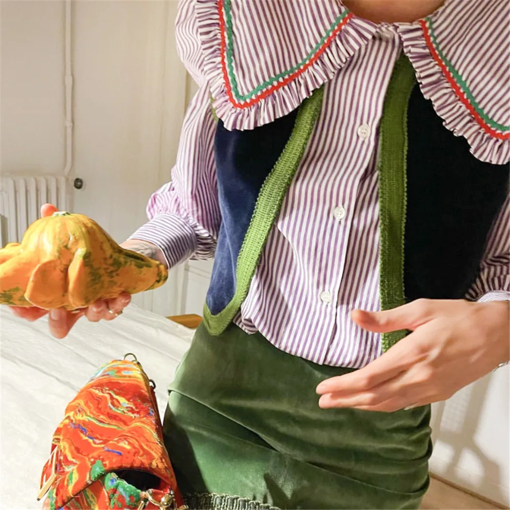 

Women Shirt Embroidery Trim Stripes Turn-down Collar Long Sleeve Single Breasted Blouse Preppy Style