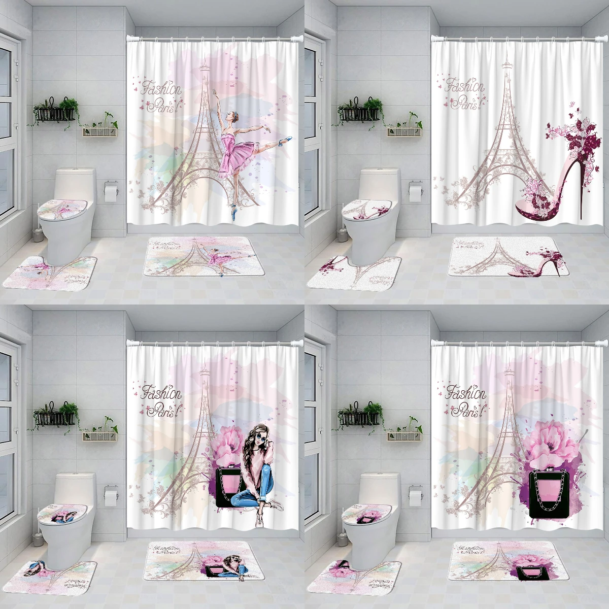 

Paris Eiffel Tower Pink Shower Curtain Valentine's Day Flower Butterfly Heels Romantic Ladies Bath Mat Bathroom Decoration Set