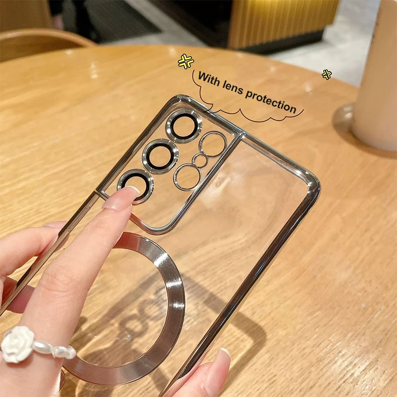 Shockproof Transparent Magnetic Phone Case For Samsung Galaxy S23 S22 S21 Ultra Plus 21FE Note 20 10 For Magsafe Silicone Cover