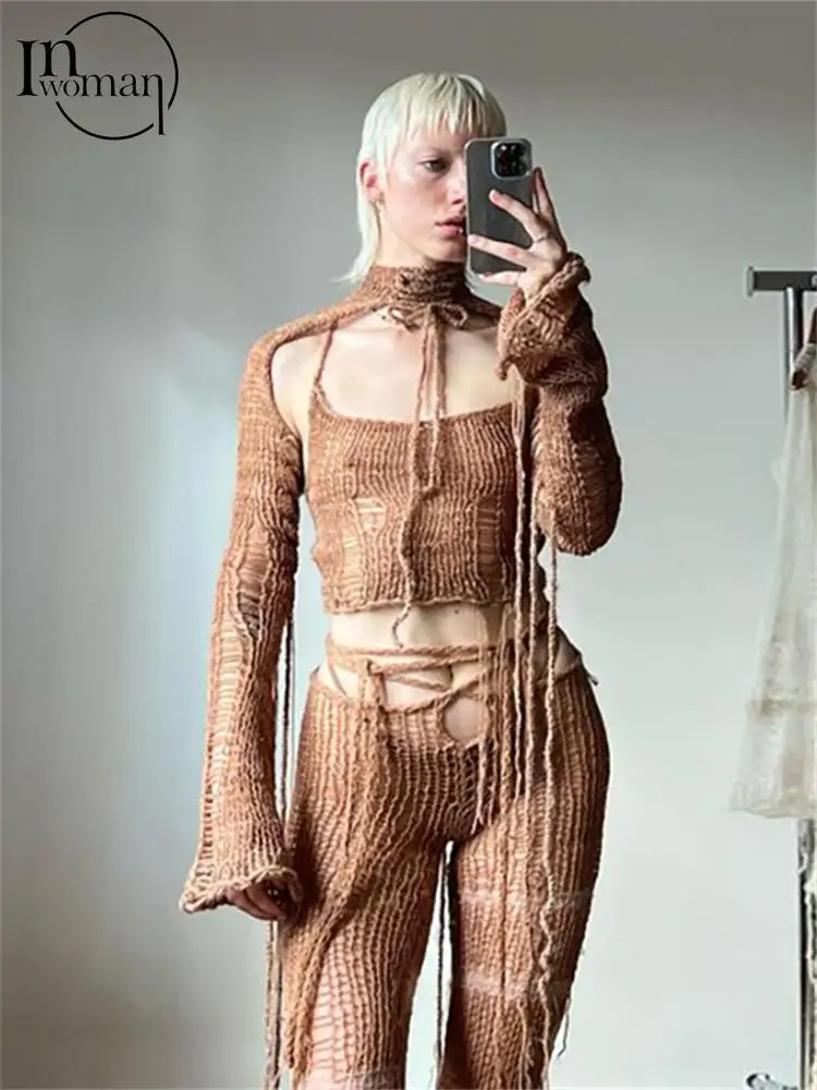 

Inwoman Brown Fashion Knitted 2 Two Piece Pants Set Clubwear For Women 2023 Long Sleeve Criss Cross Backless Top Booty Pants Set