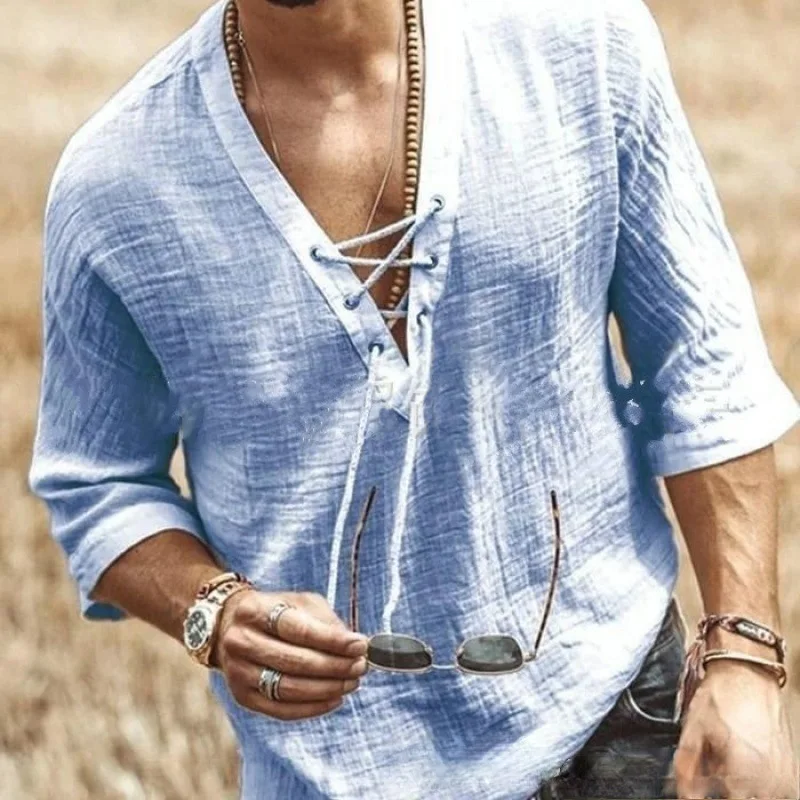 

Men's Solid Color Shirts Fashion Collar Shirts for Men Chest Lace Up Mid Sleeve Large V-Neck Simple Casual Top Free Shipping