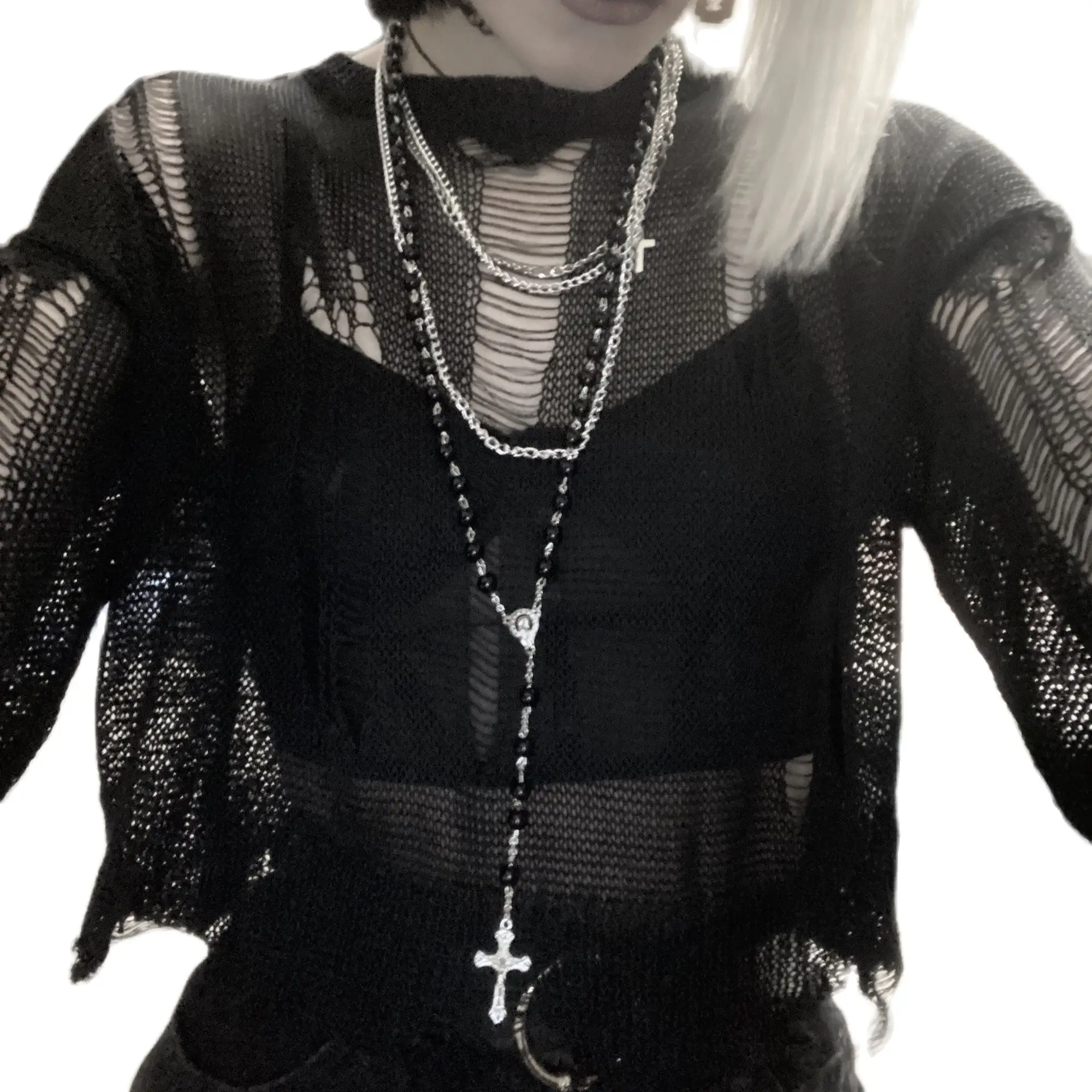 

Gothic Thin Sweater Women Grunge Hollow Out Hole Broken Loose Sweater Summer Harajuku Girl Goth Mall Top Emo Knitted T-shirt Alt