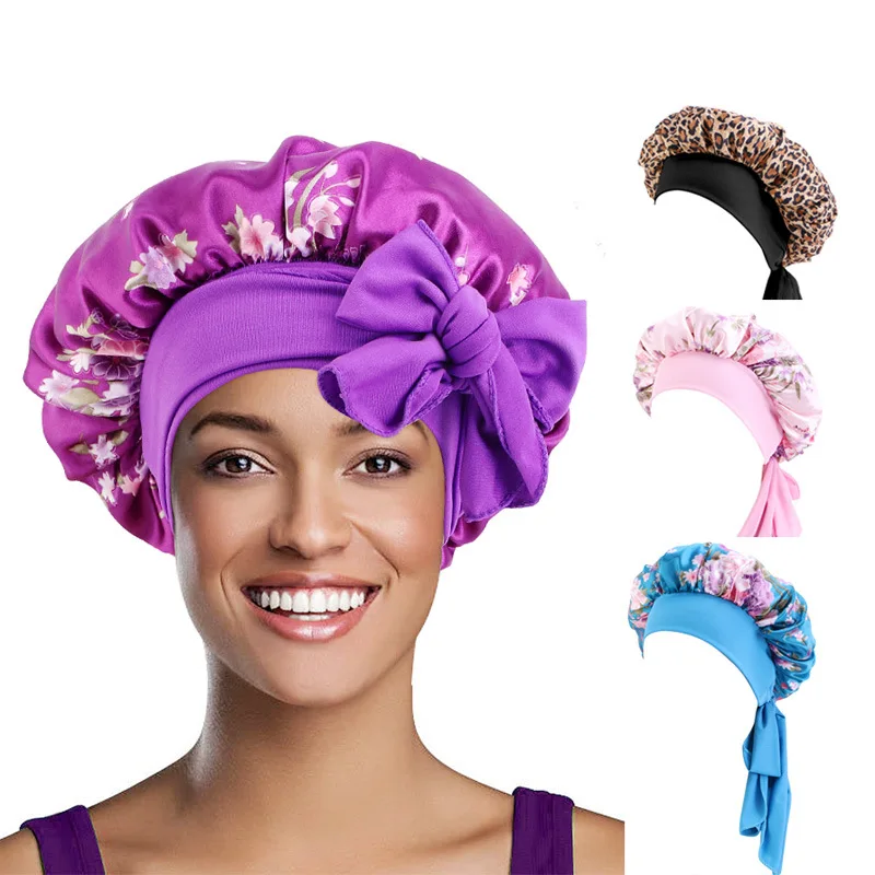 

Women Satin Flowers Bonnet Stretch Frenulum Hair Care Women Night Sleep Hat Adjust Hair Styling Cap Silk Head Wrap Shower Caps