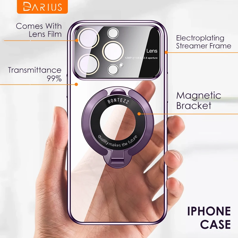 

Transparent Magnetic Stand Phone Cases For iPhone 13 12 11 14 15 Pro Max 15Plus Plating Bracket Glass Lens Film Protection Cover