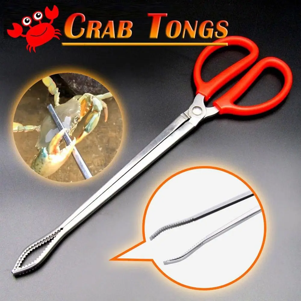 Multi-function Stainless Steel Tongs Red Handle Anti-slip Tooth Clamp For Outdoor Sea Ricefield Crab Eel Fishing Catch Tools