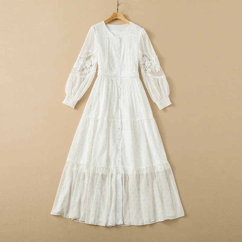 

Женская одежда в европейском и американском стиле, весна 2022, новое модное однобортное платье с длинными рукавами-фонариками и вышивкой, XXL