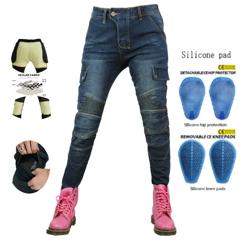 

Motocross Protection Pants For Women Loong Biker Motorcycle Riding Jeans Female Knight Locomotive Wear-Resistant Trousers Blue