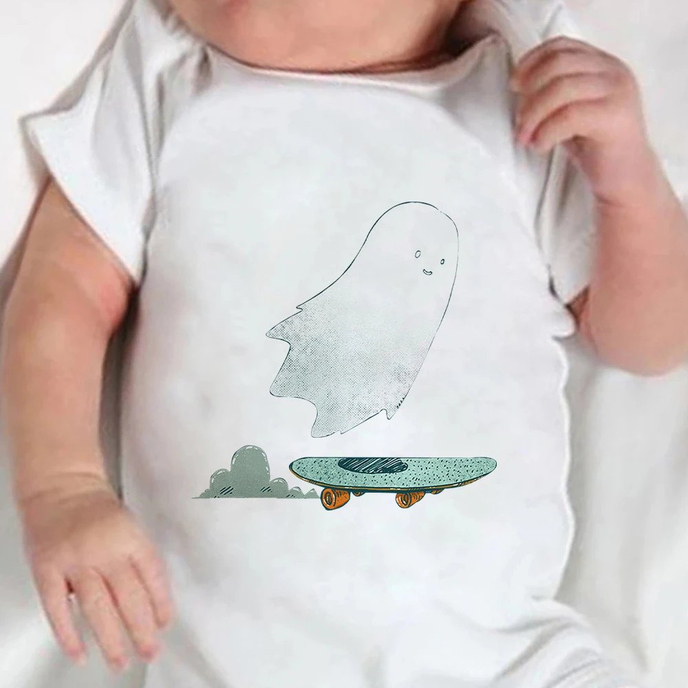 

Cartoon Ghost Skateboard Graphics Funny O-Neck Infant Bodysuits Creative All-Match Harajuku Short-Sleeved Baby Onesie