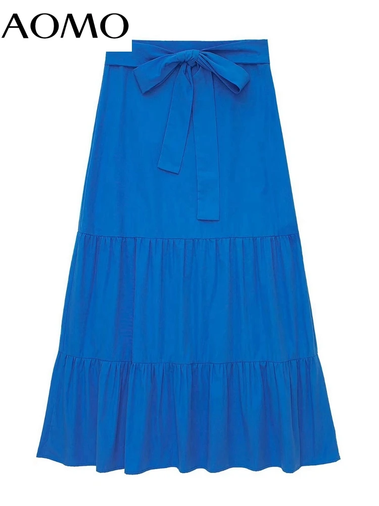

AOMO 2022 New Women Blue Cotton Midi Skirt with Slash Zipper Ladies Chic Mid Calf Skirts 3H517A