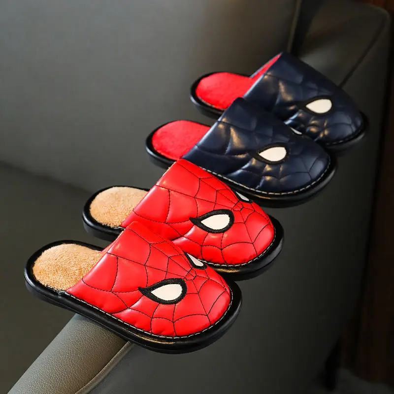 

Disney Home Shoes Slipper For Childrens Spiderman Winter Warm PU Leather Cotton Red Non-slip Shoes For Kids Size 24-39