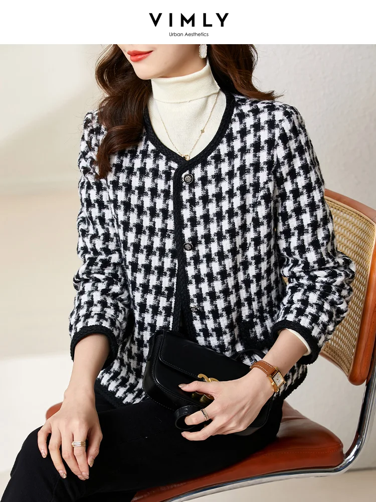 Vimly Tweed Coats for Women 2022 Winter Vintage Elegant Classic Splicing Design Thicken O-neck Single Breasted Jacket V6989