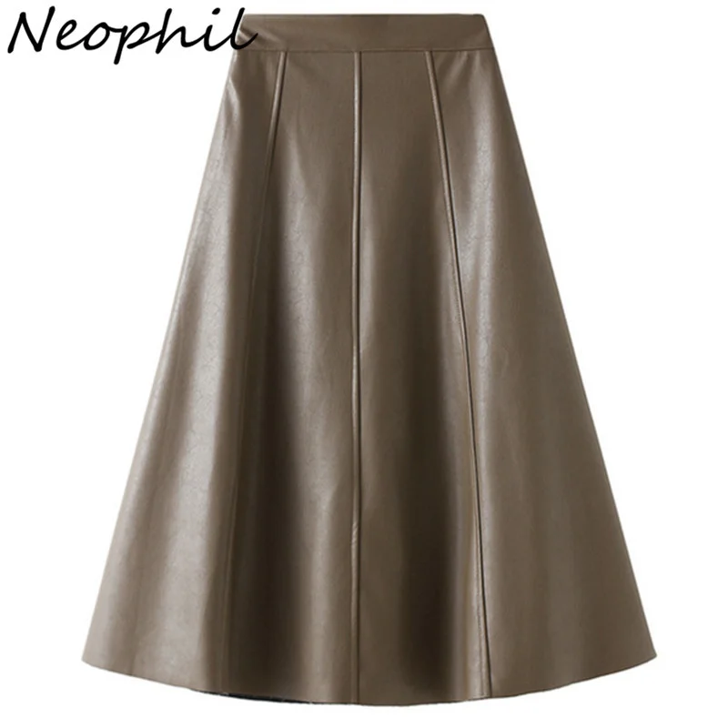 

Neophil Retro 2022 Winter Women Leather A-Line Skirts High Waist Latex Black Beige Ladies Elegant Flare Chic Midi Skirt S220706