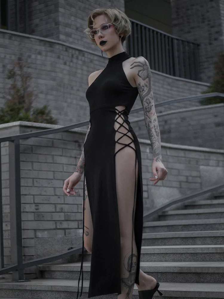 Фото Hohe Split Sexy Verband Frauen Kleider Y2K Mall Gothic Холтер Schlank Midi Kleid Schwarz Grunge Stil Alt party №5
