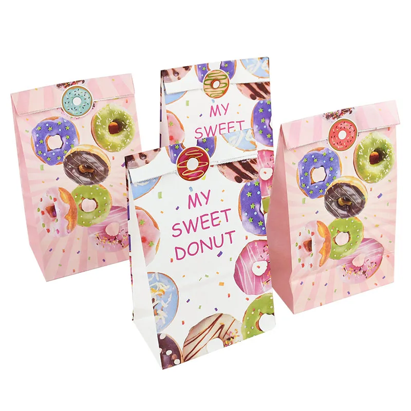 

12Pcs Donut Pattern Cookie Candy Paper Bags With Stickers Pink Snack Packaging Gifts Bag Kid Birthday Gift Decoration Supplies