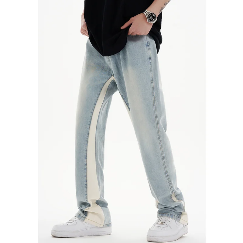 Streetwear Men 2022 Fashion New Pattern Vintage Splicing Recreational Blue Jeans Loose Straight Cylinder Trousers Autumn Female