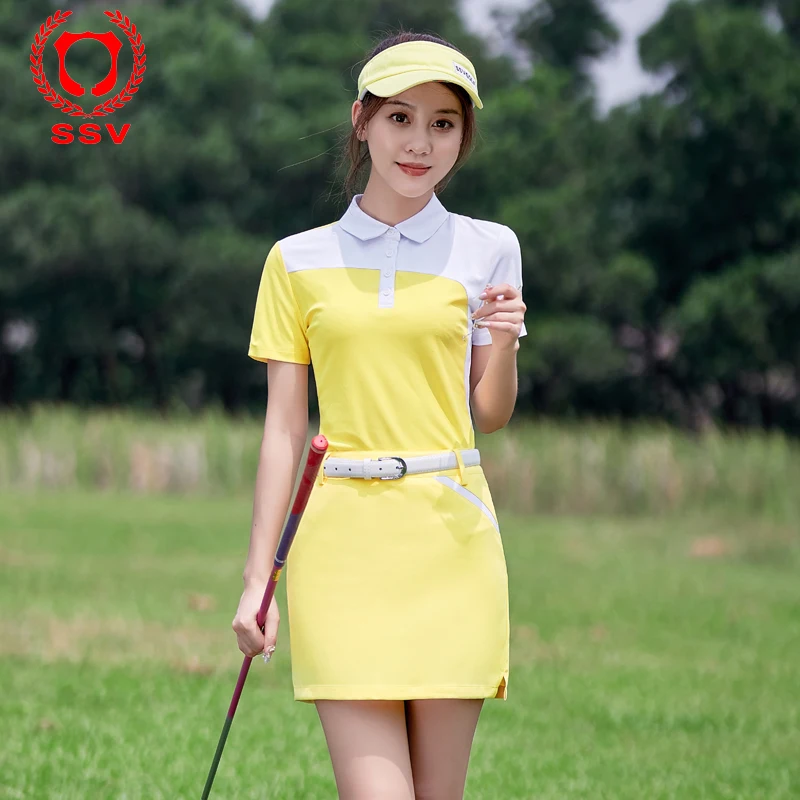 SSV Golf Ladies Short Sleeve Shirt Spring Summer Splicing Women Shirt Lapel Polo Shirt Golf A-line Skirt with Inner Shorts