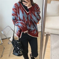 winter clothes women loose oversized sweater half turtleneck patchwork knitted pullovers chic argyle pull femme jumper red khaki