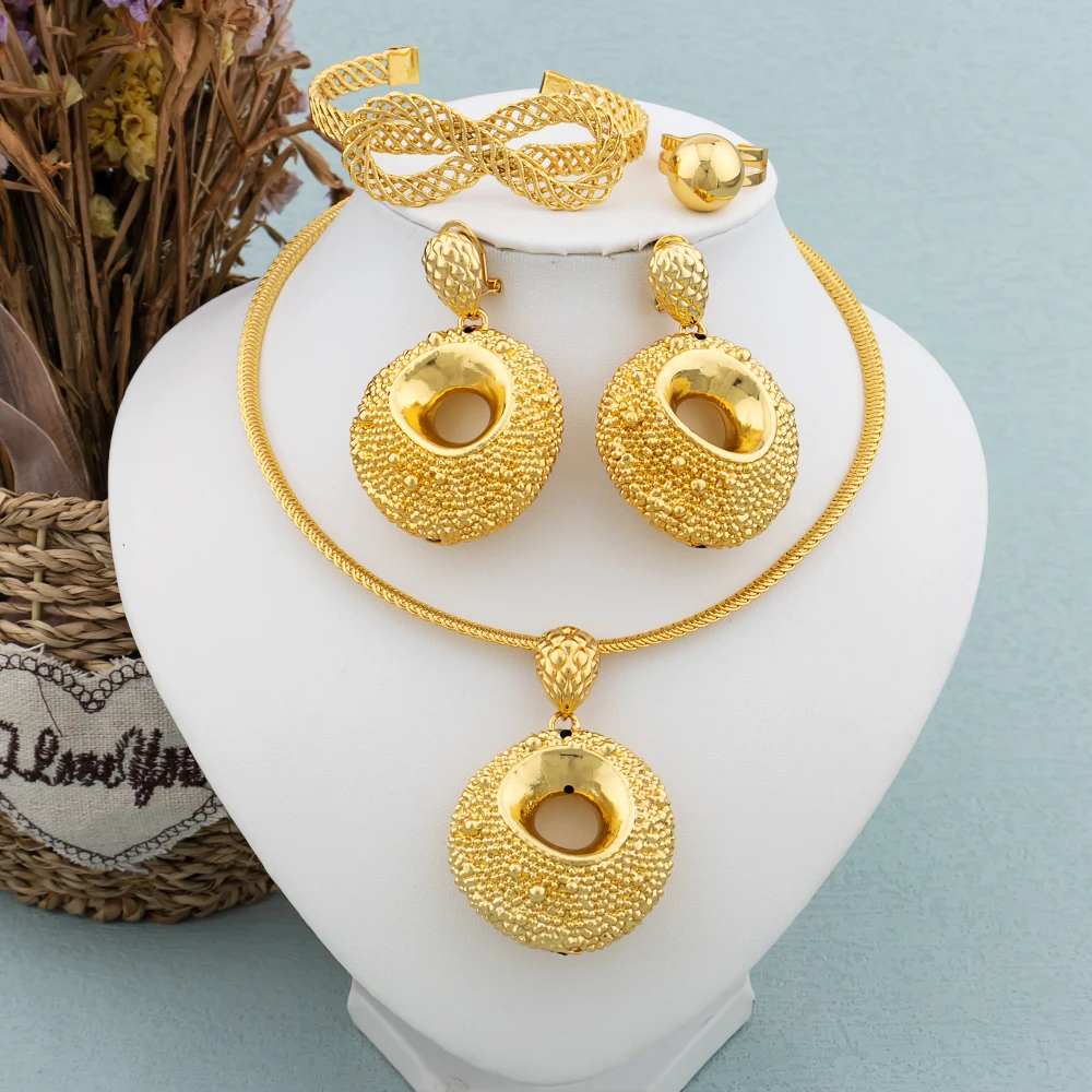 

New Design Fashion Jewelry Set Women Dubai African Gold Color Earrings Necklace Wedding Bride Jewelry Indian Lady Girl Wife Gift